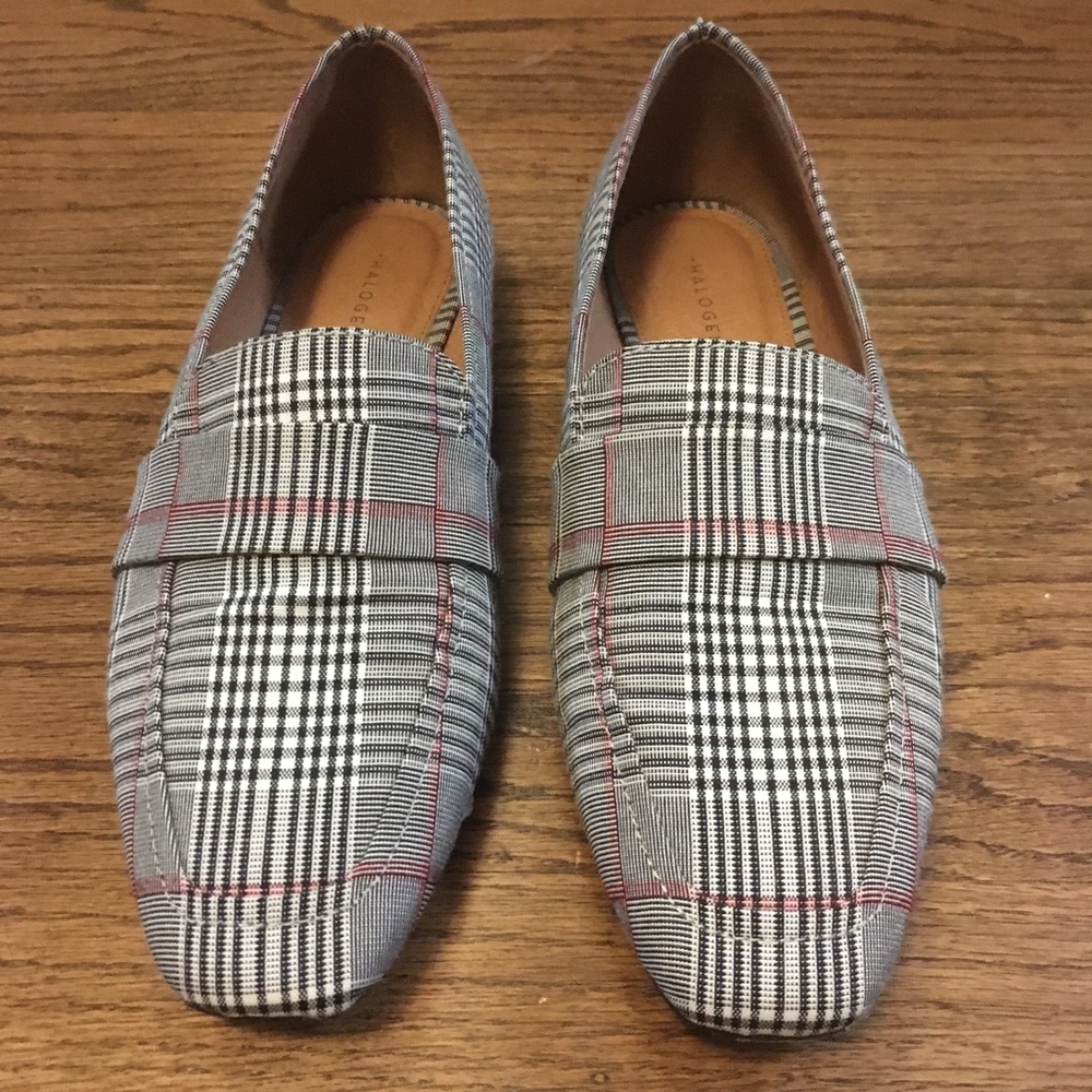 Halogen Lucy flat loafers, size 8.5, black/white red plaid, like new, square toe